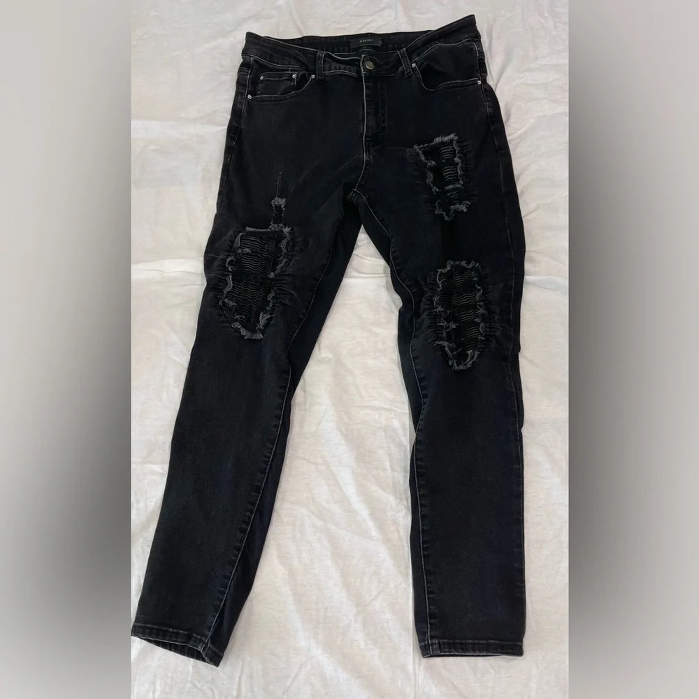 Mens AMIRI MX1Leather Patch Ripped Skinny Jeans Size 34